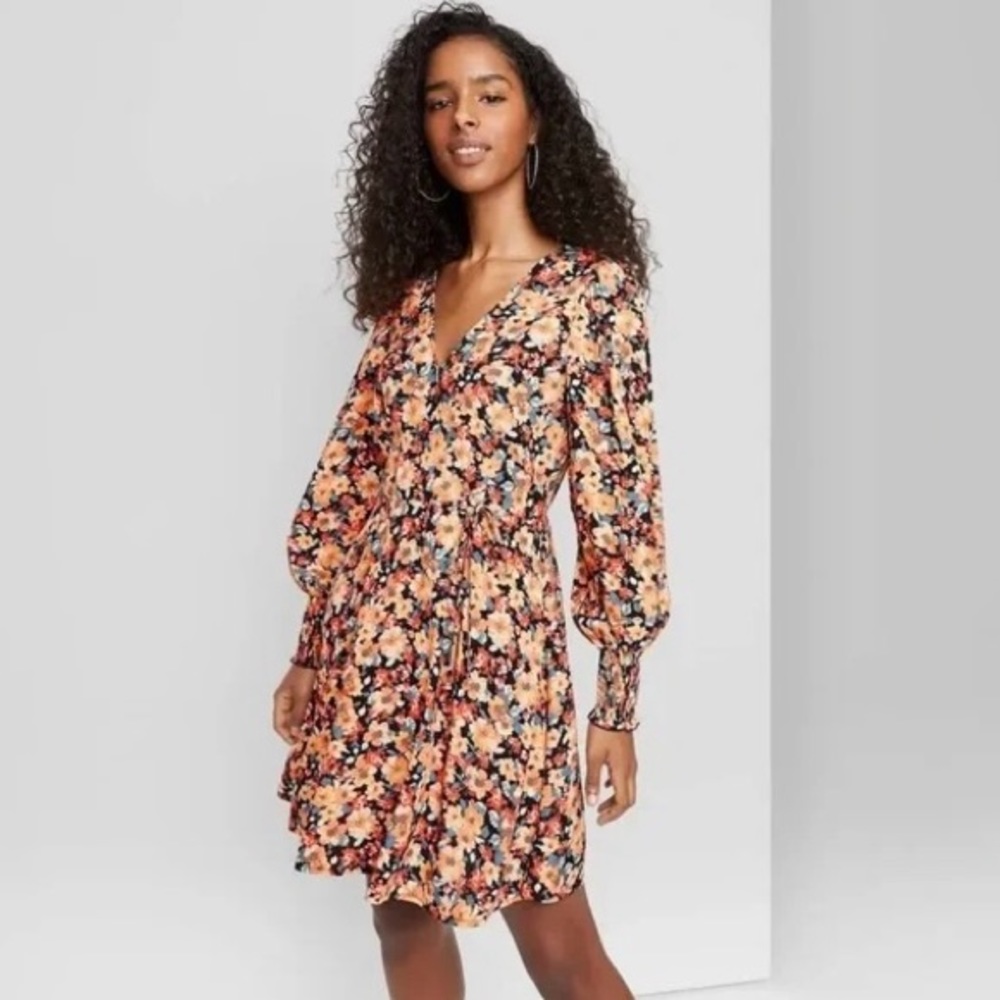 Wild Fable Orange Peach Madness Floral Long Sleeve Wrap Tie Mini Dress sz Small